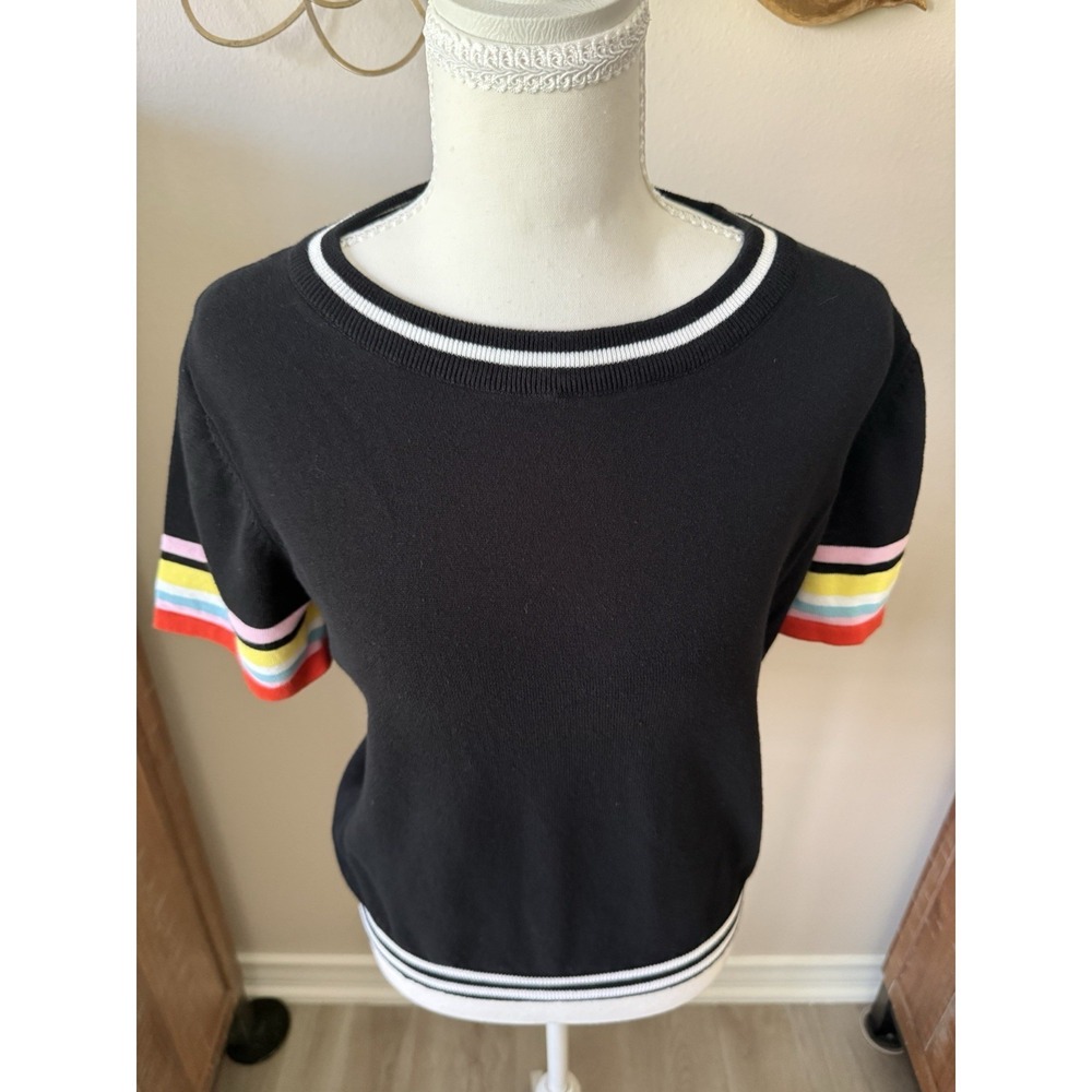 THML Black Knit Sweater Top Rainbow Stripe Sleeve Cuffs Women's Small Preppy - Picture 2 of 9